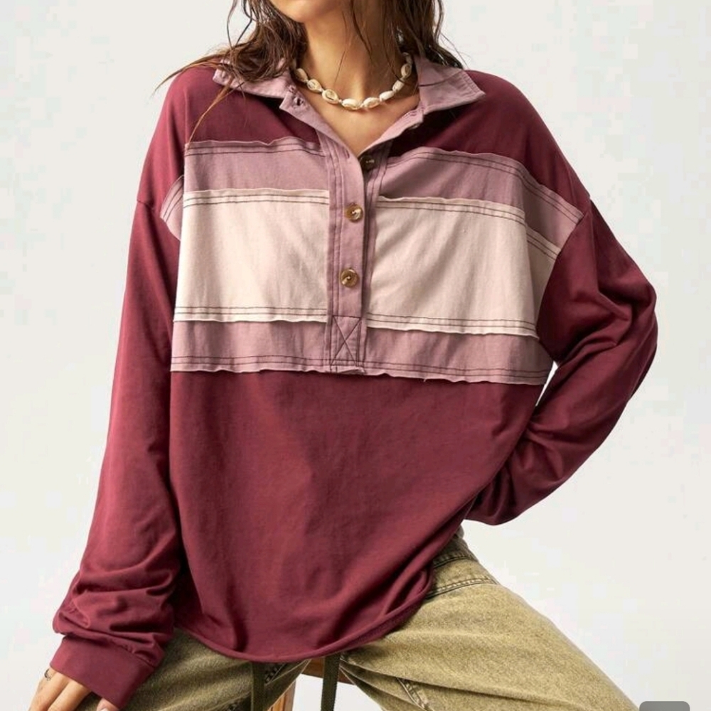 Women's Burgundy and Pink Long Sleeve Top
